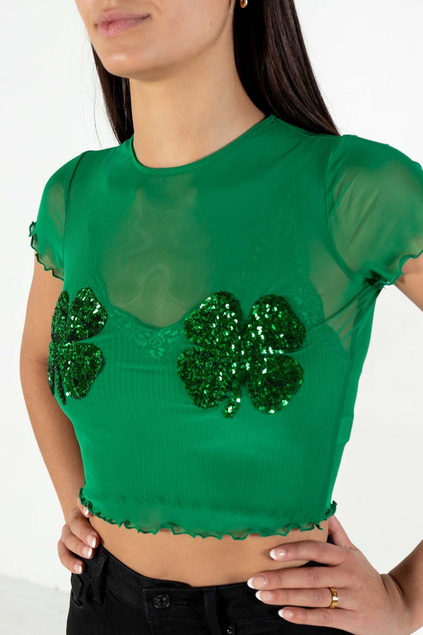 Sequin Shamrock Green Mesh Tee
