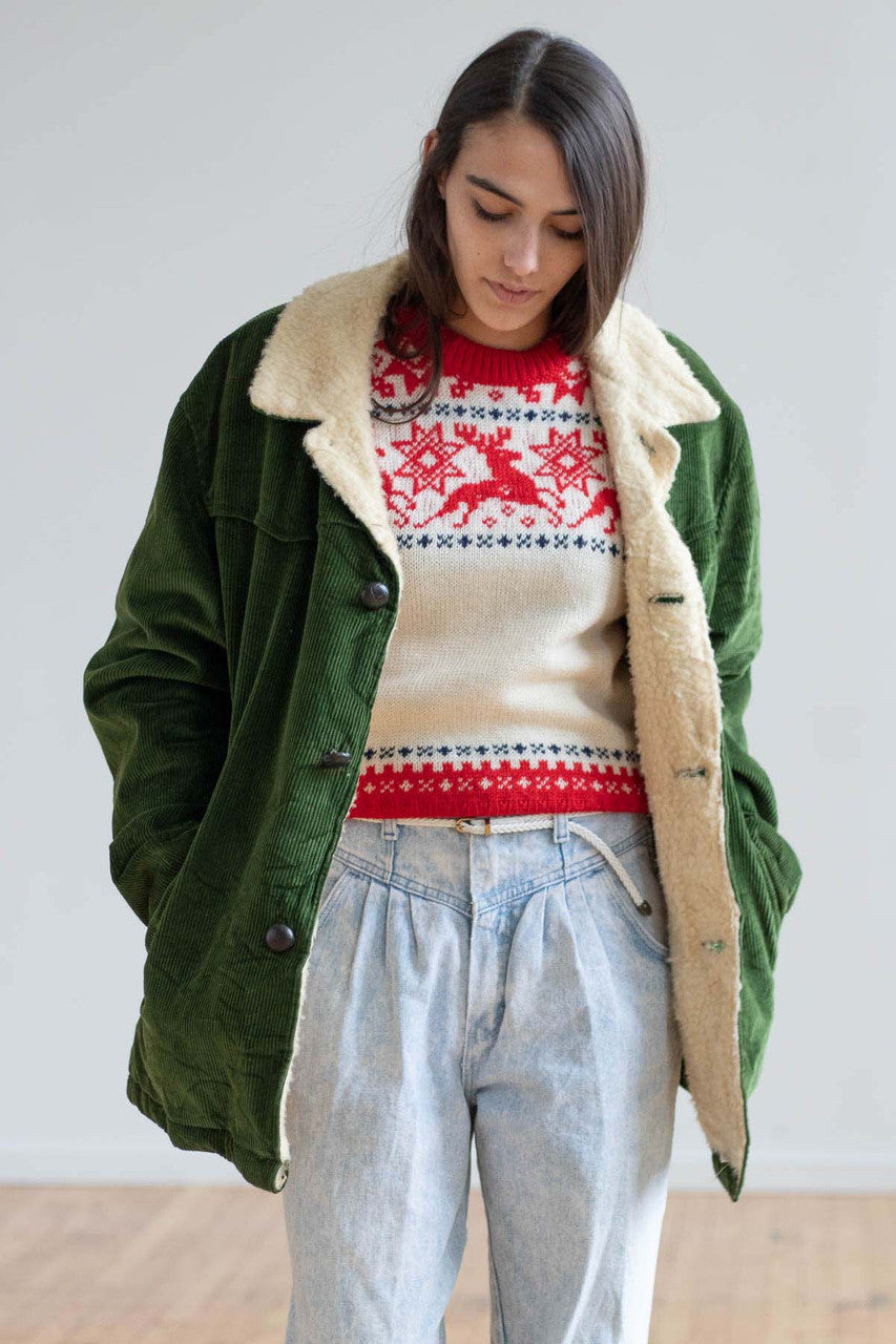 Green Sherpa Lined Corduroy Coat