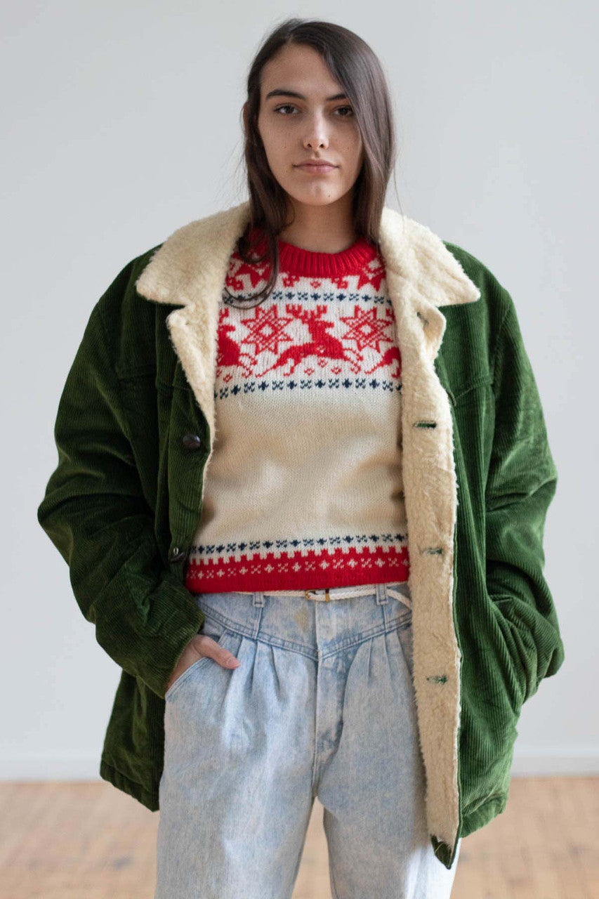 Green Sherpa Lined Corduroy Coat