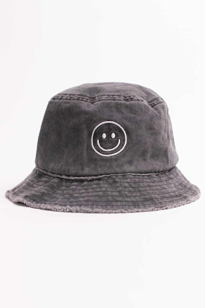 Smiley Face Embroidered Black Frayed Brim Bucket Hat