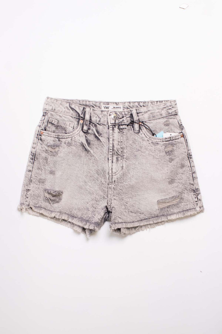 Grey Washed High Rise Frayed Denim Shorts
