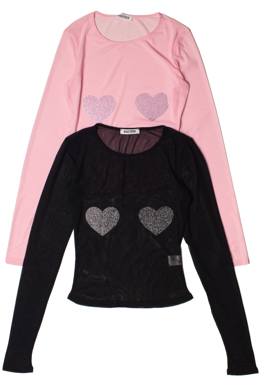 Crystal Hearts Mesh Long Sleeve Top
