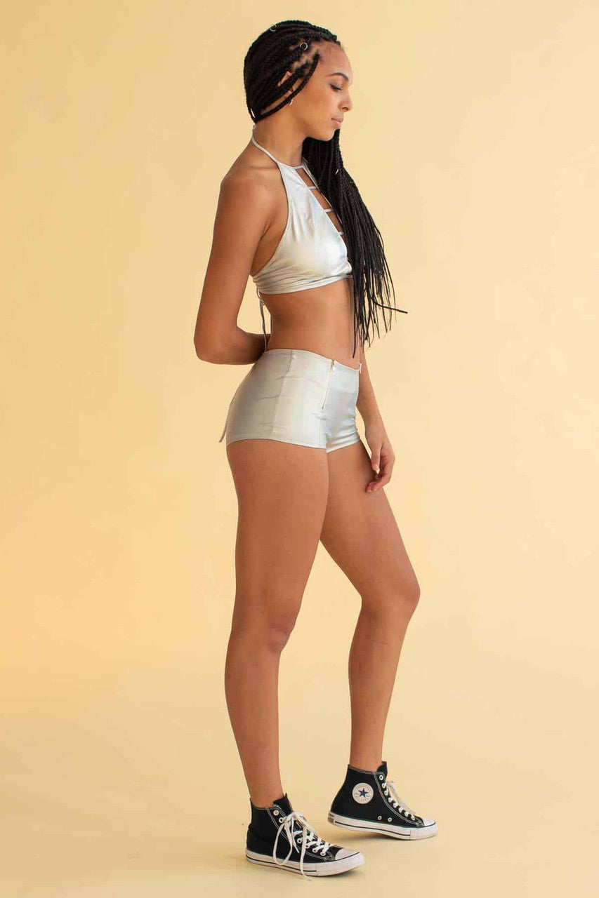 Silver Holographic Zip Booty Shorts