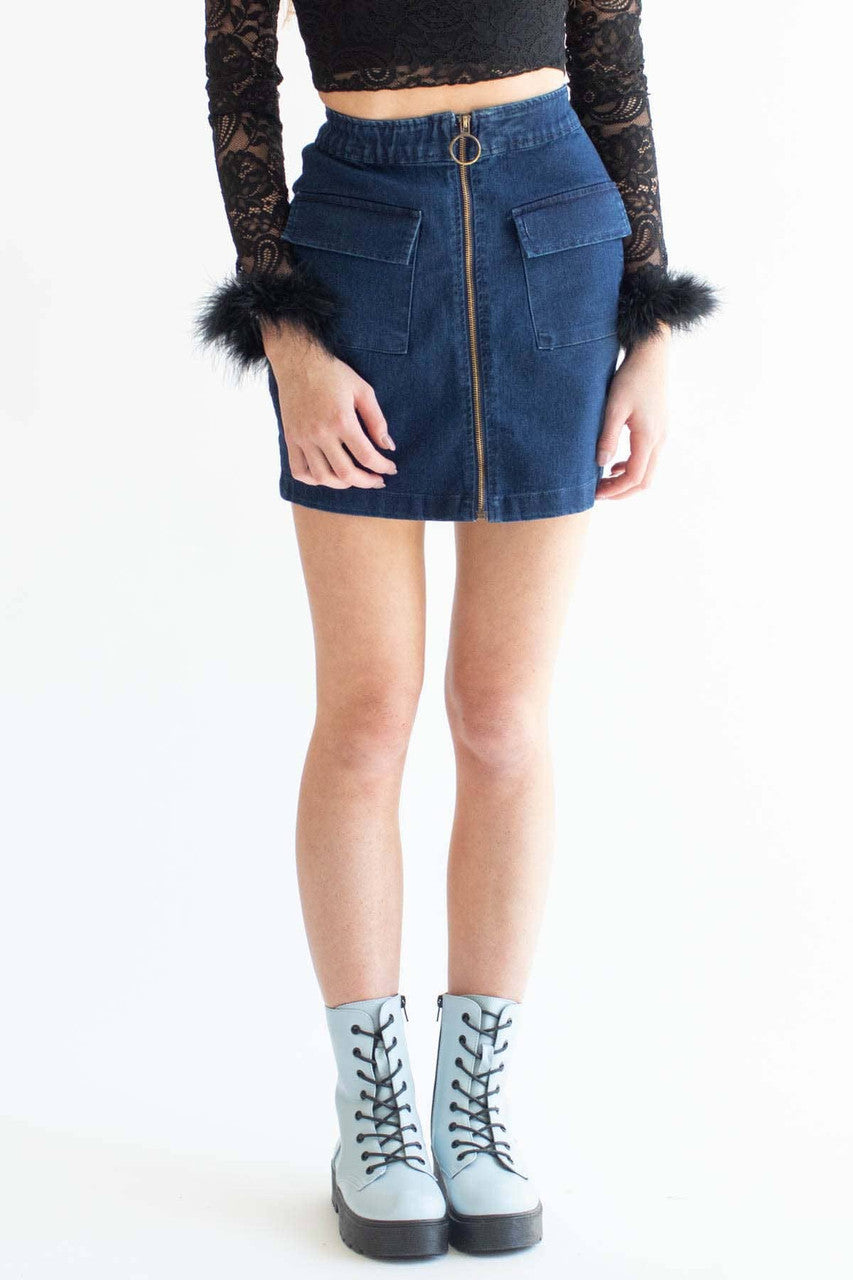 Indigo Cargo Zip Front Denim Skirt