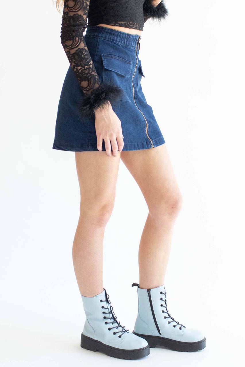 Indigo Cargo Zip Front Denim Skirt