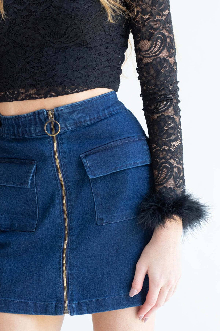 Indigo Cargo Zip Front Denim Skirt