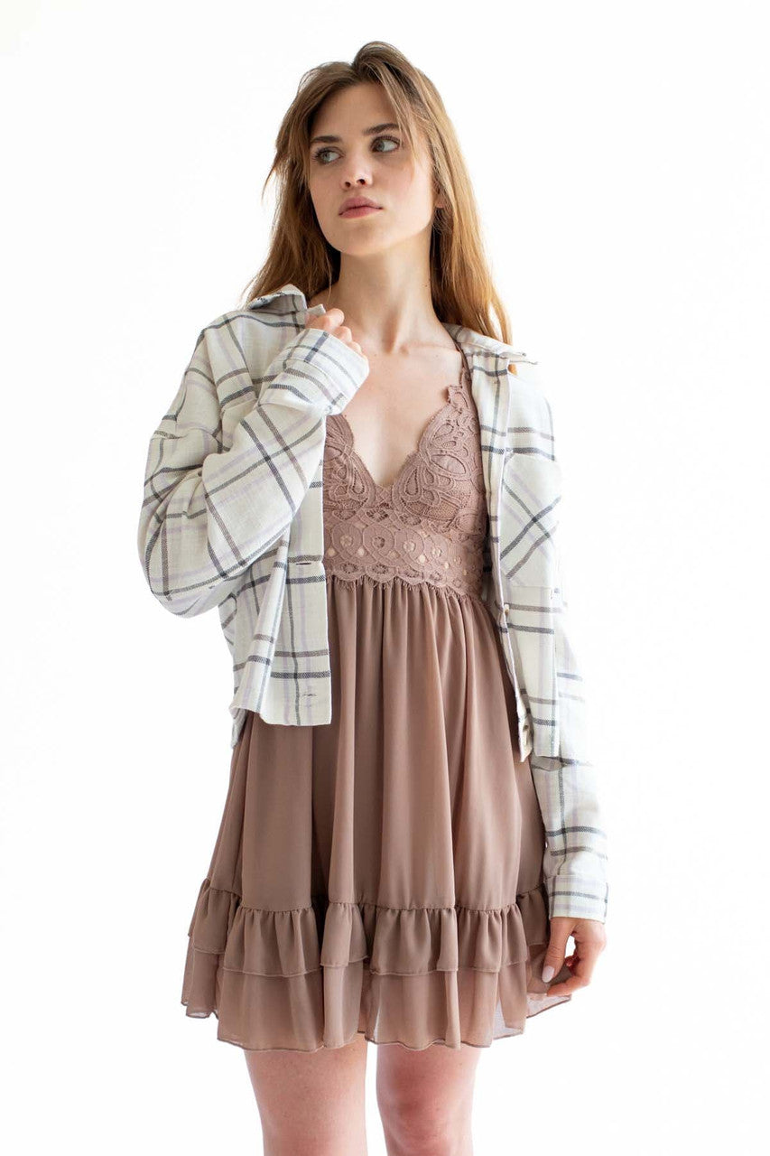 Ivory & Lavender Linen Blend Plaid Cropped Jacket