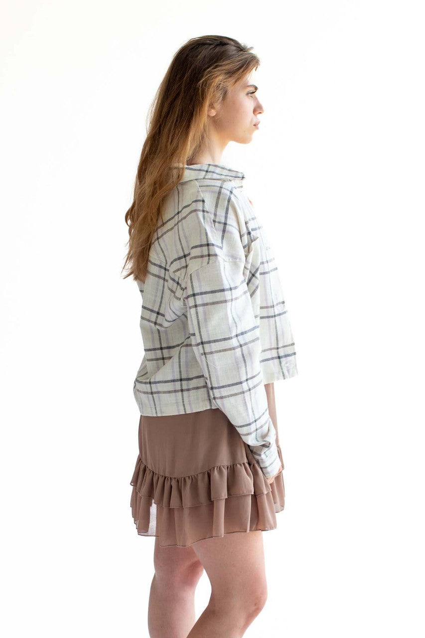 Ivory & Lavender Linen Blend Plaid Cropped Jacket