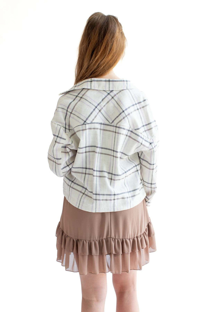 Ivory & Lavender Linen Blend Plaid Cropped Jacket