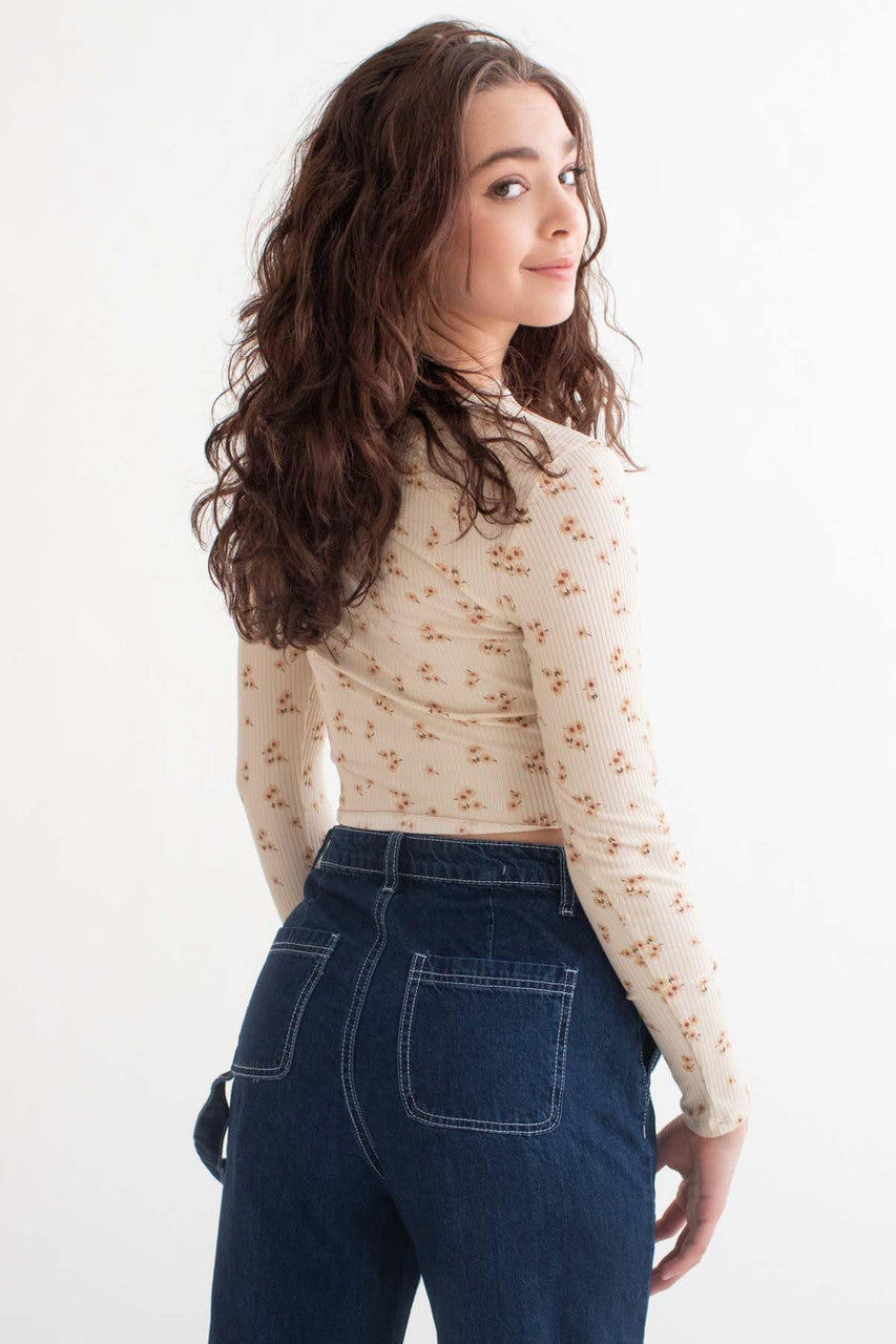 Ivory Daisy Ruched Front Long Sleeve Top