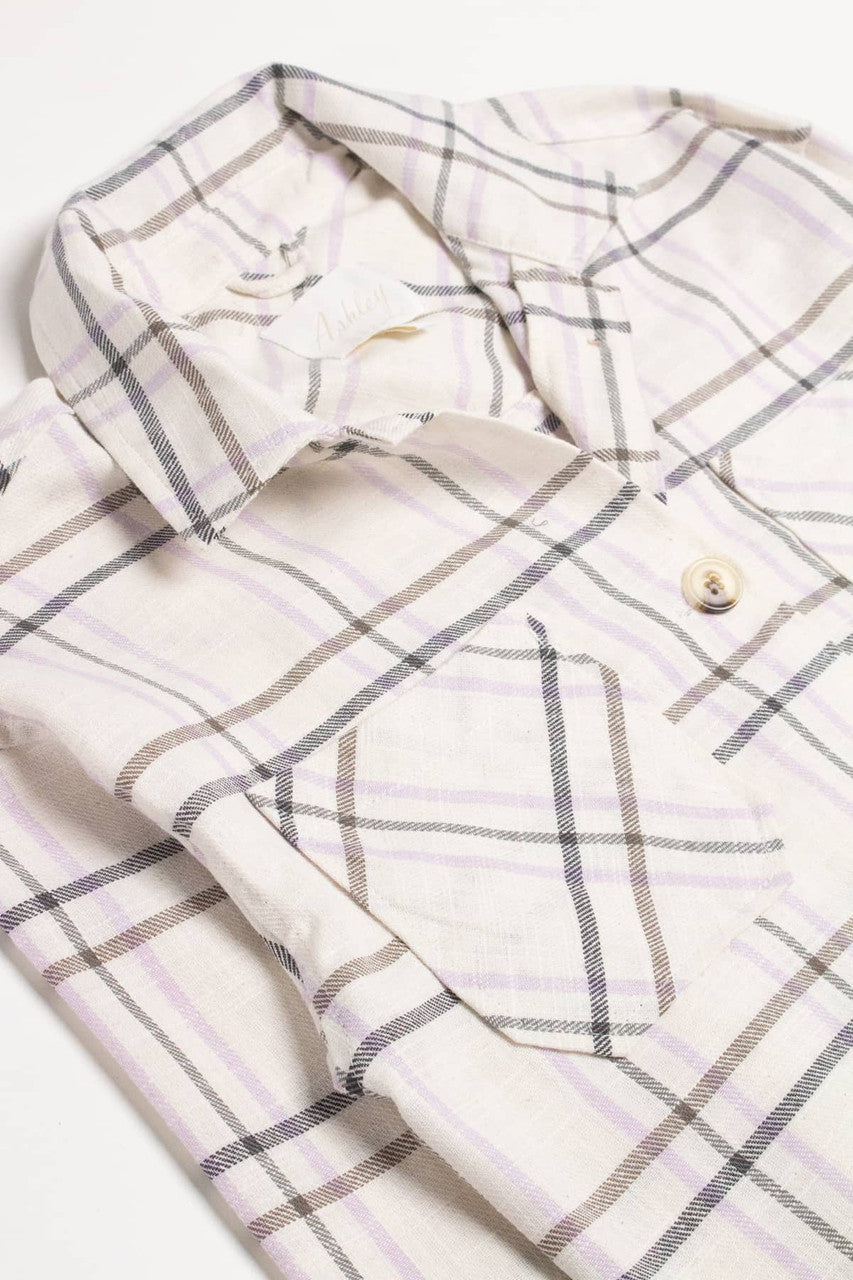 Ivory & Lavender Linen Blend Plaid Cropped Jacket
