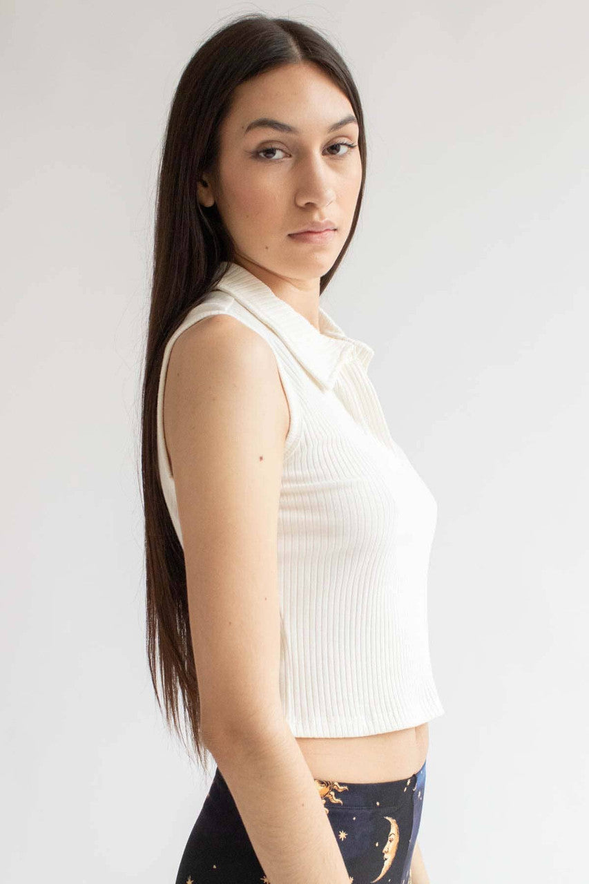 White Ribbed Sleeveless Polo