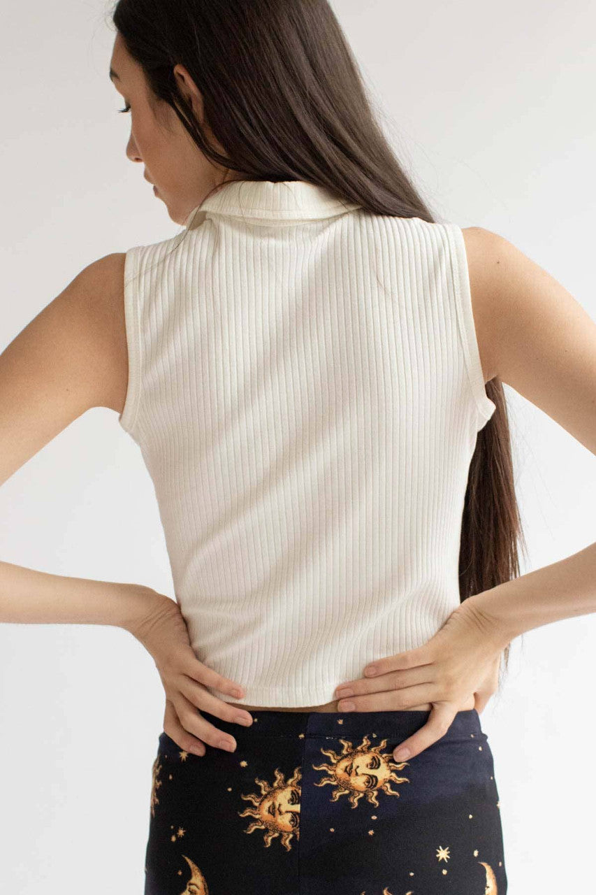 White Ribbed Sleeveless Polo