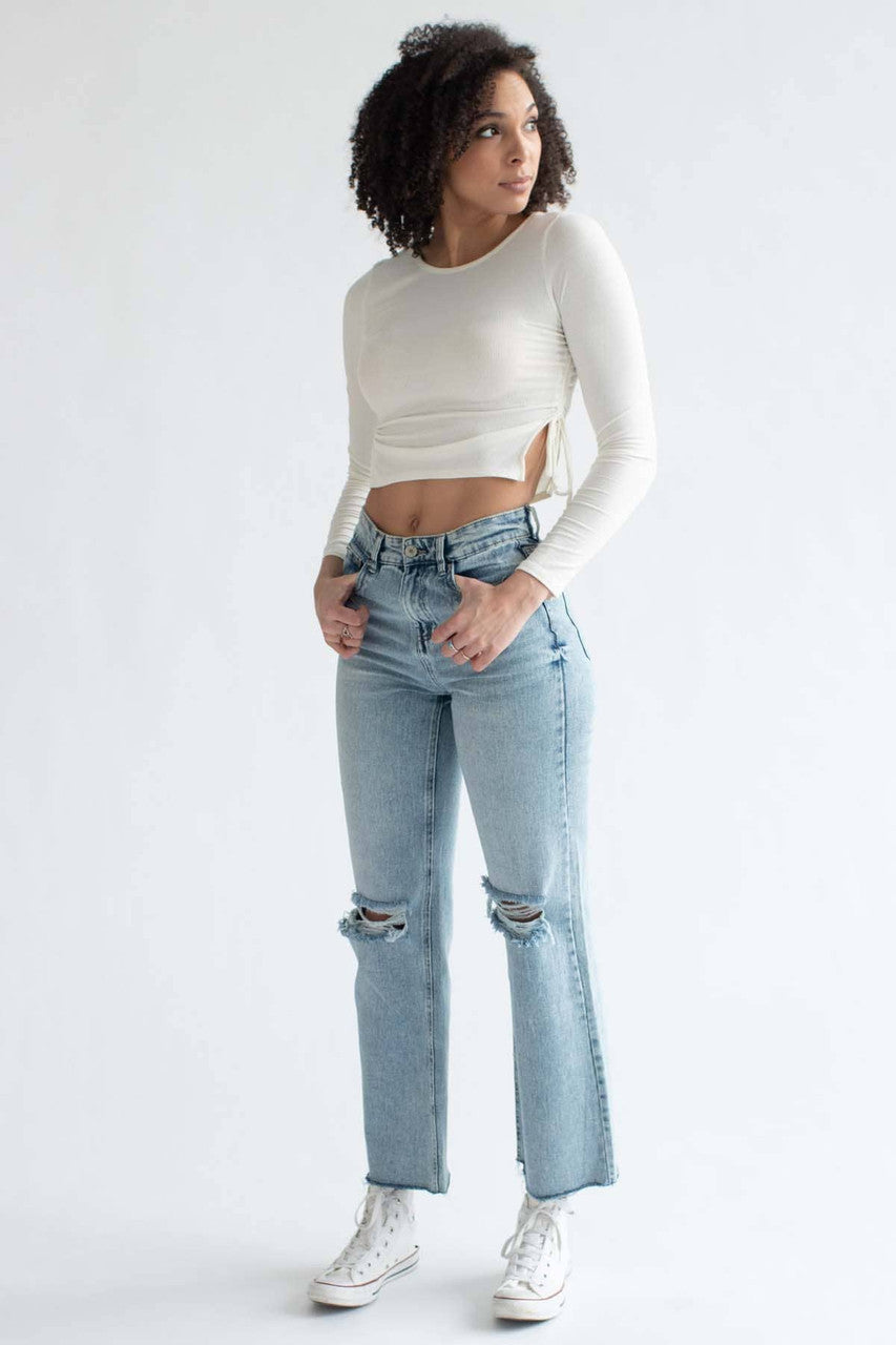Ivory Ruched Side Slit Ribbed Long Sleeve Top