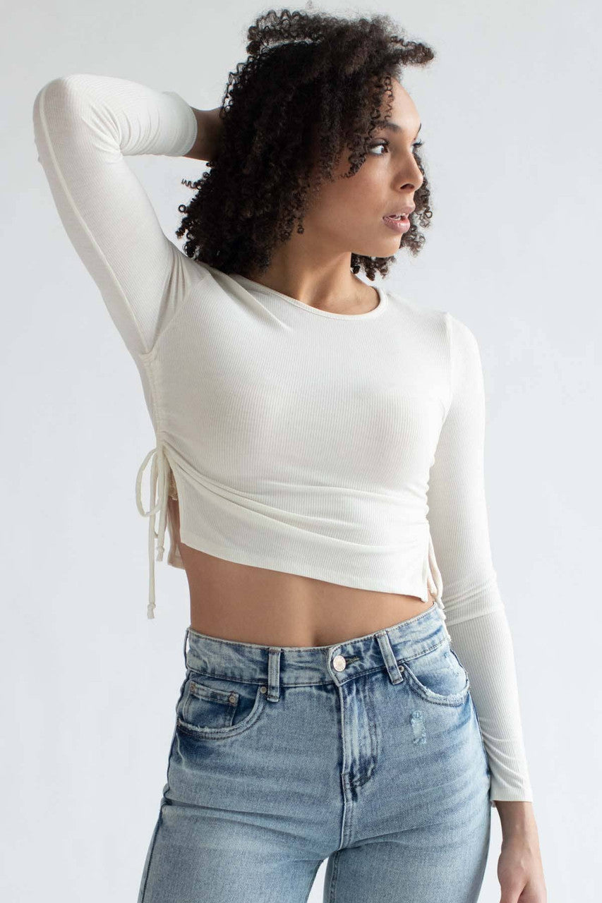 Ivory Ruched Side Slit Ribbed Long Sleeve Top