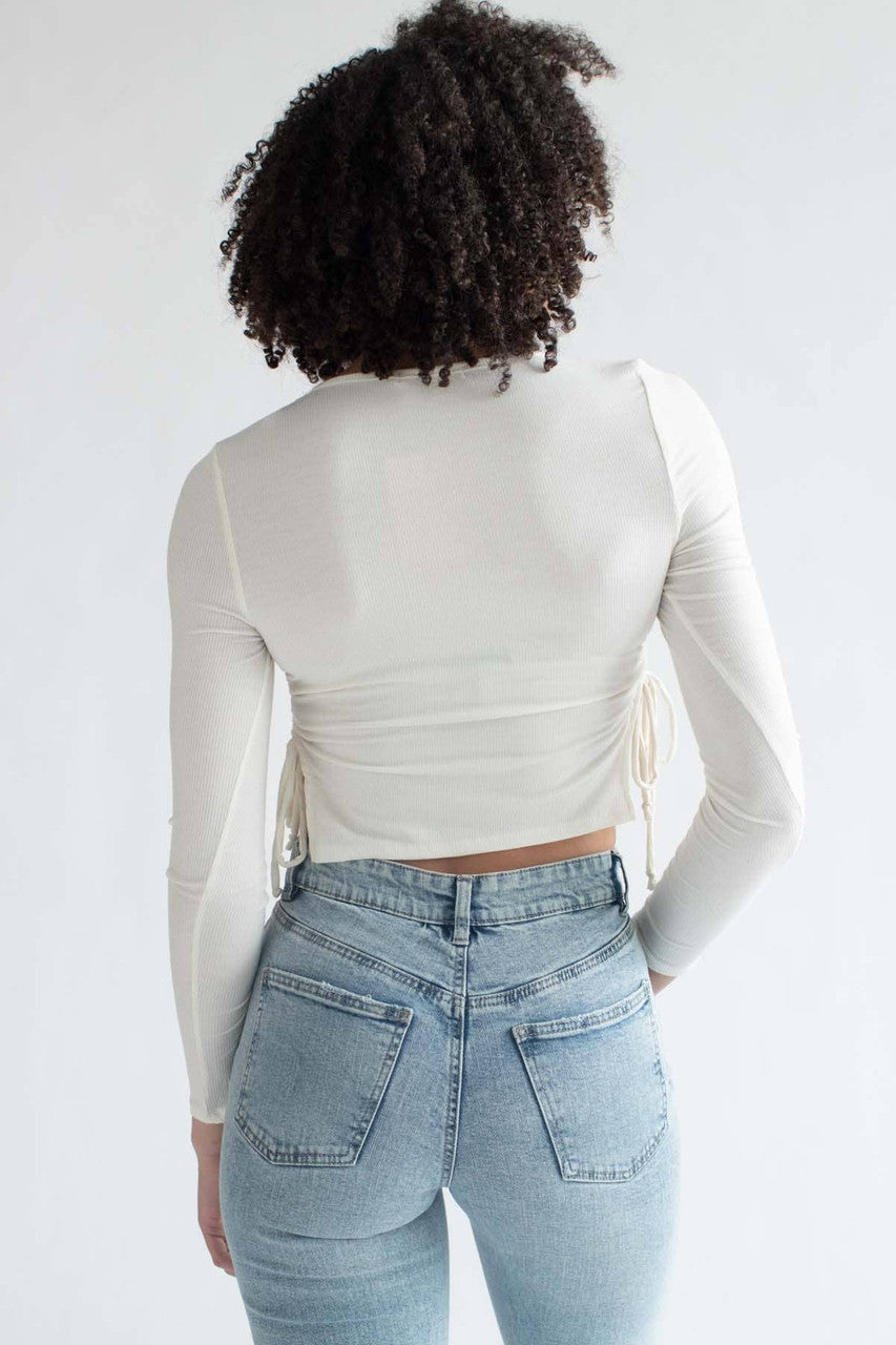 Ivory Ruched Side Slit Ribbed Long Sleeve Top