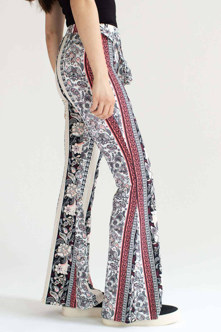 Khaki & Pink 70s Print Tie Waist Bell Bottoms