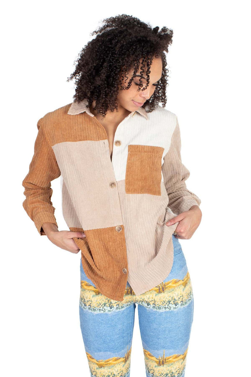 Khaki Color Block Corduroy Shacket