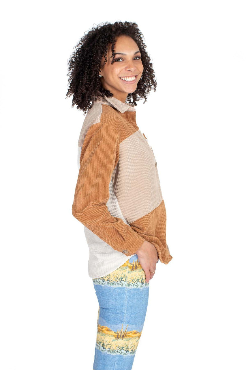 Khaki Color Block Corduroy Shacket