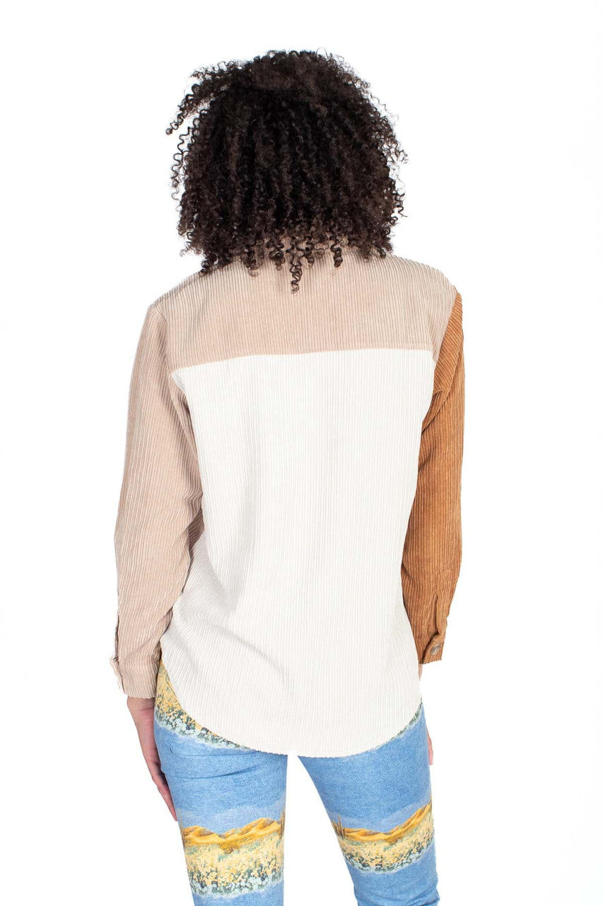 Khaki Color Block Corduroy Shacket