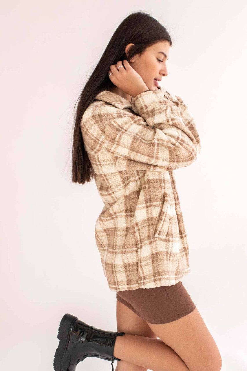 Khaki Plaid Sherpa Shacket