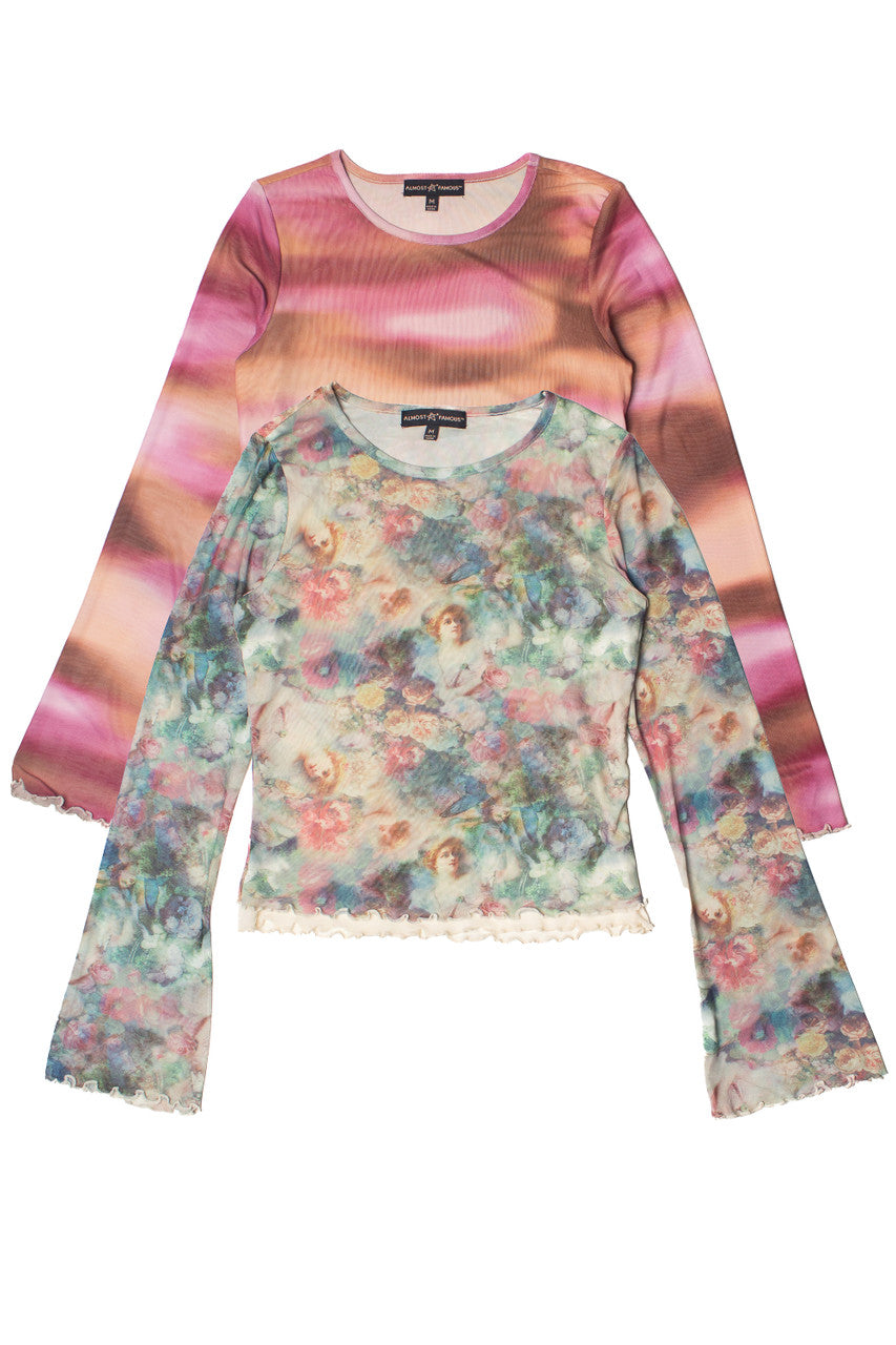 Long Sleeve Double Layer Printed Mesh Top