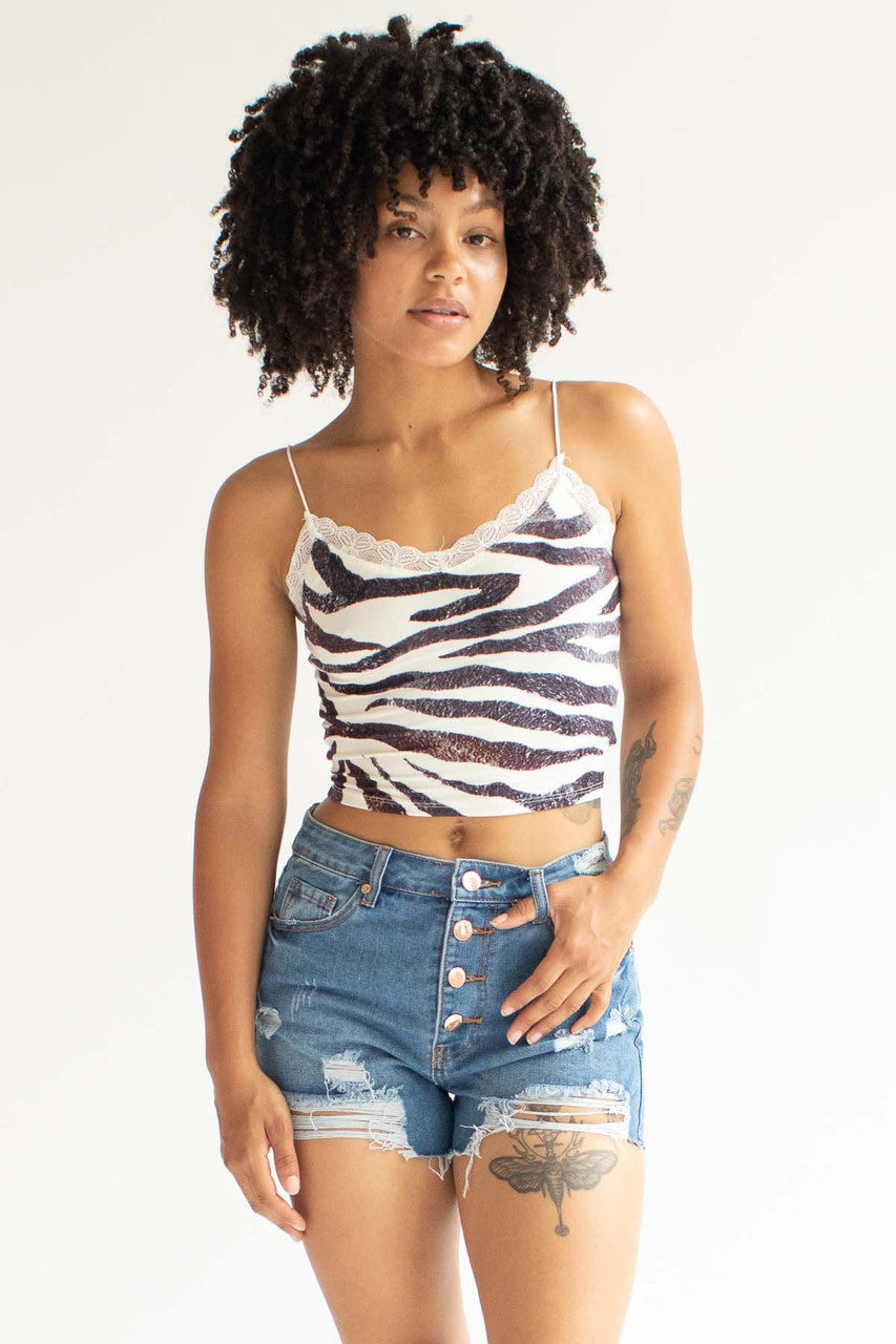 Lace Trimmed Zebra Print Crop Cami
