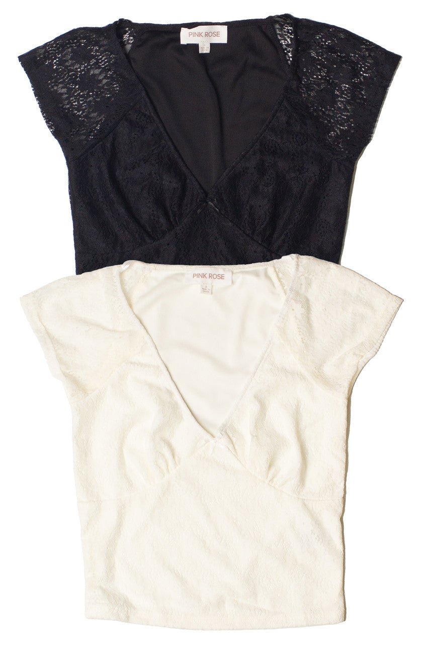 Bow Detail Lace V Neck Top