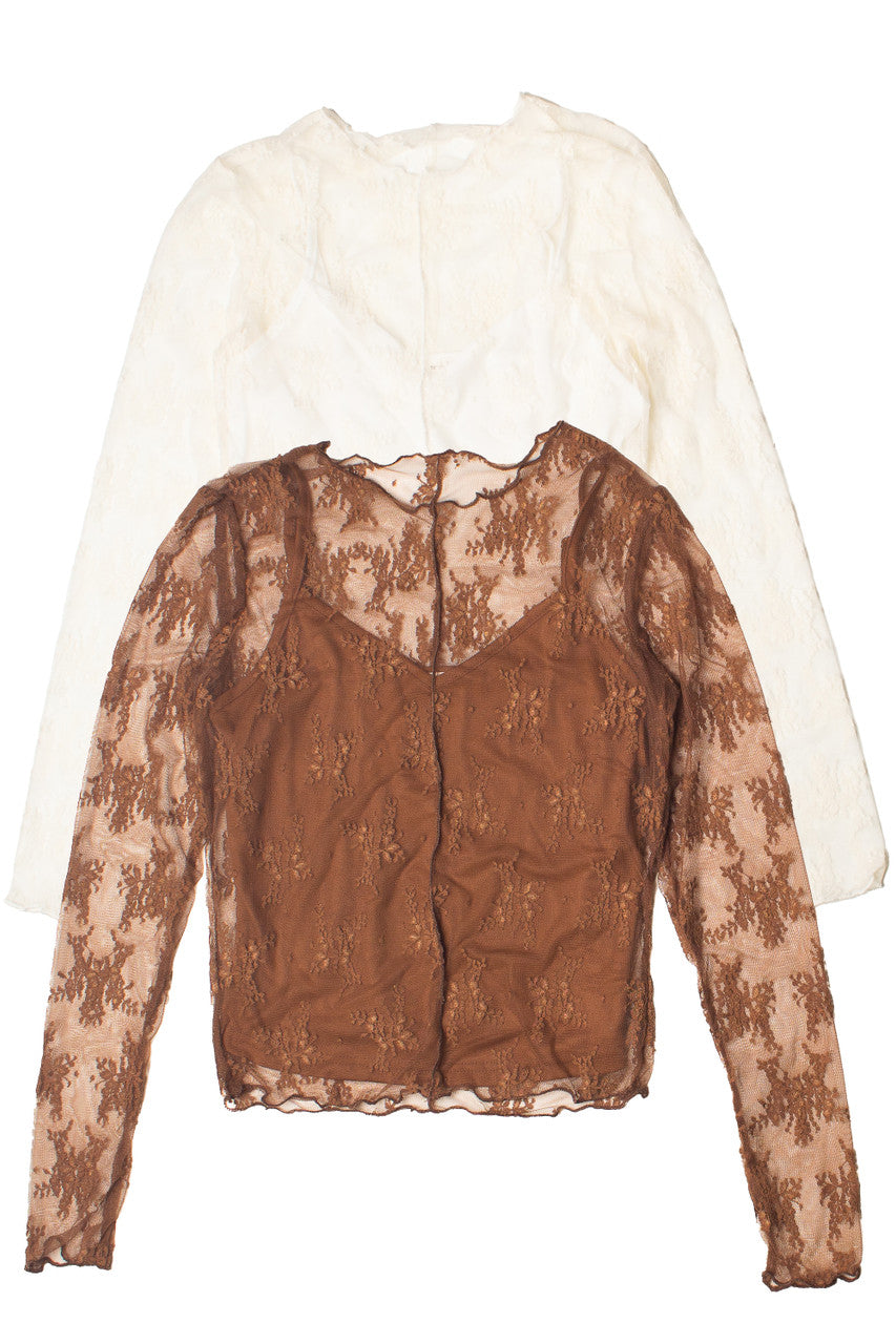 Long Sleeve Mesh Lace Top With Cami