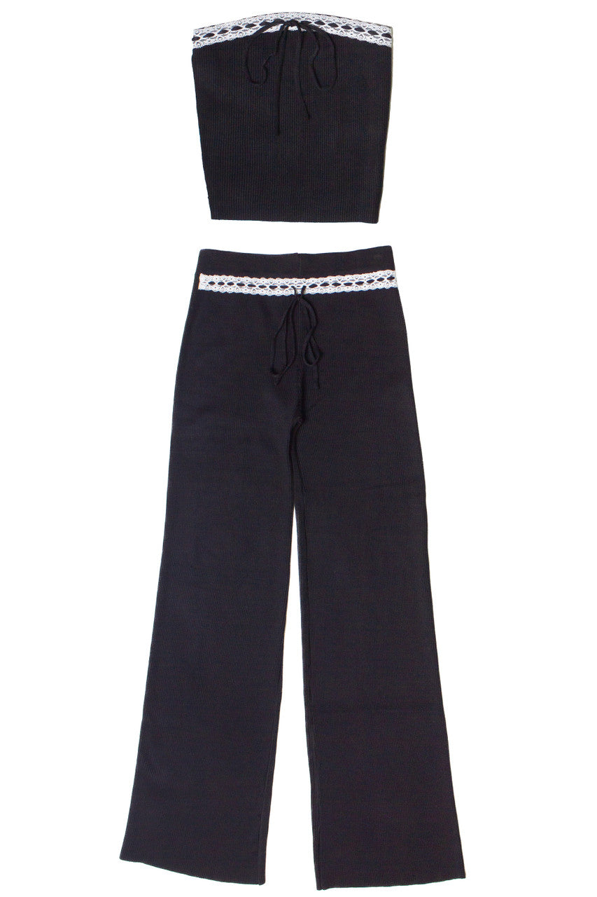 Lace Trim Ribbed Wide Leg Pants