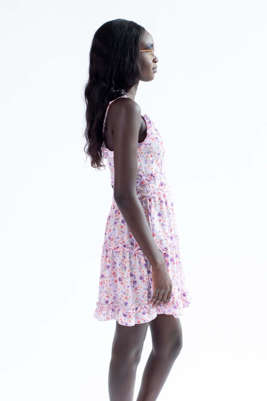 Lavender Bold Floral Ruffle Mini Dress