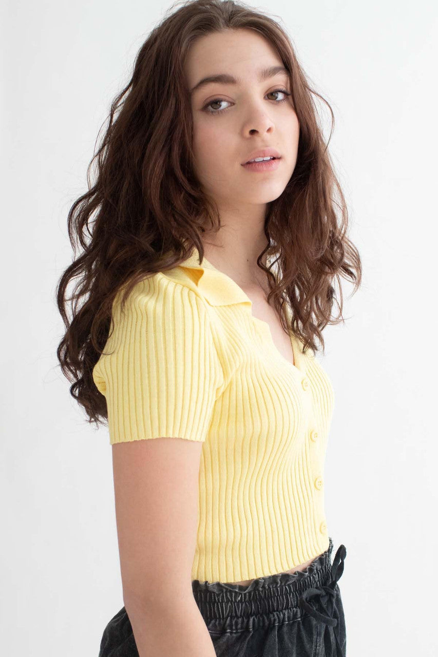 Lemon Yellow Ribbed Button Up Polo