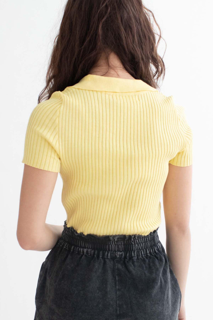 Lemon Yellow Ribbed Button Up Polo