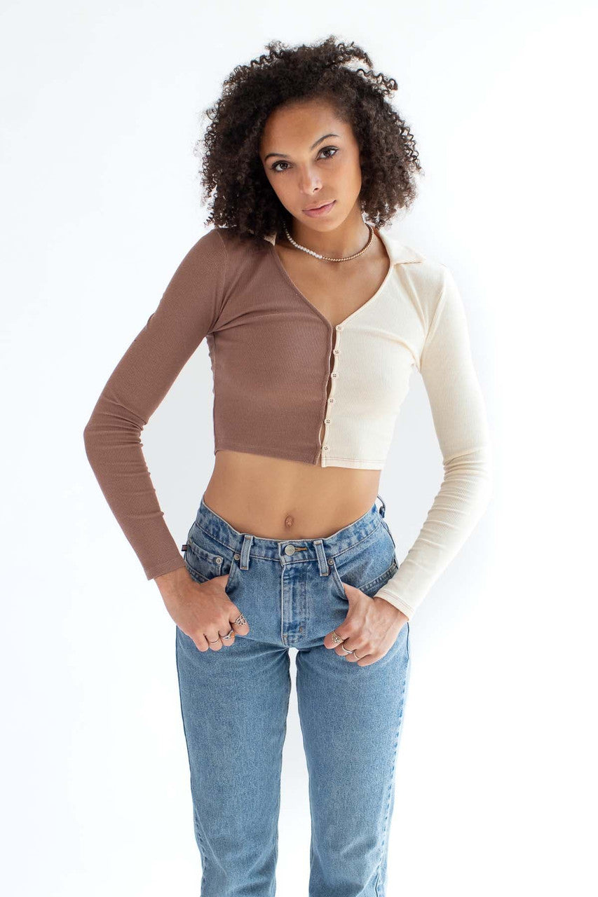 Light Brown Colorblock Button Down Shirt