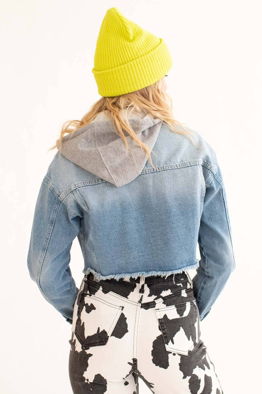 Light Wash Cropped Hooded Denim Jacket