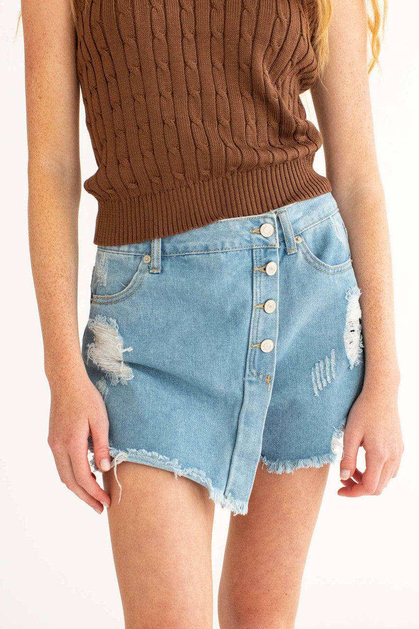 Light Wash Distressed Denim Skort