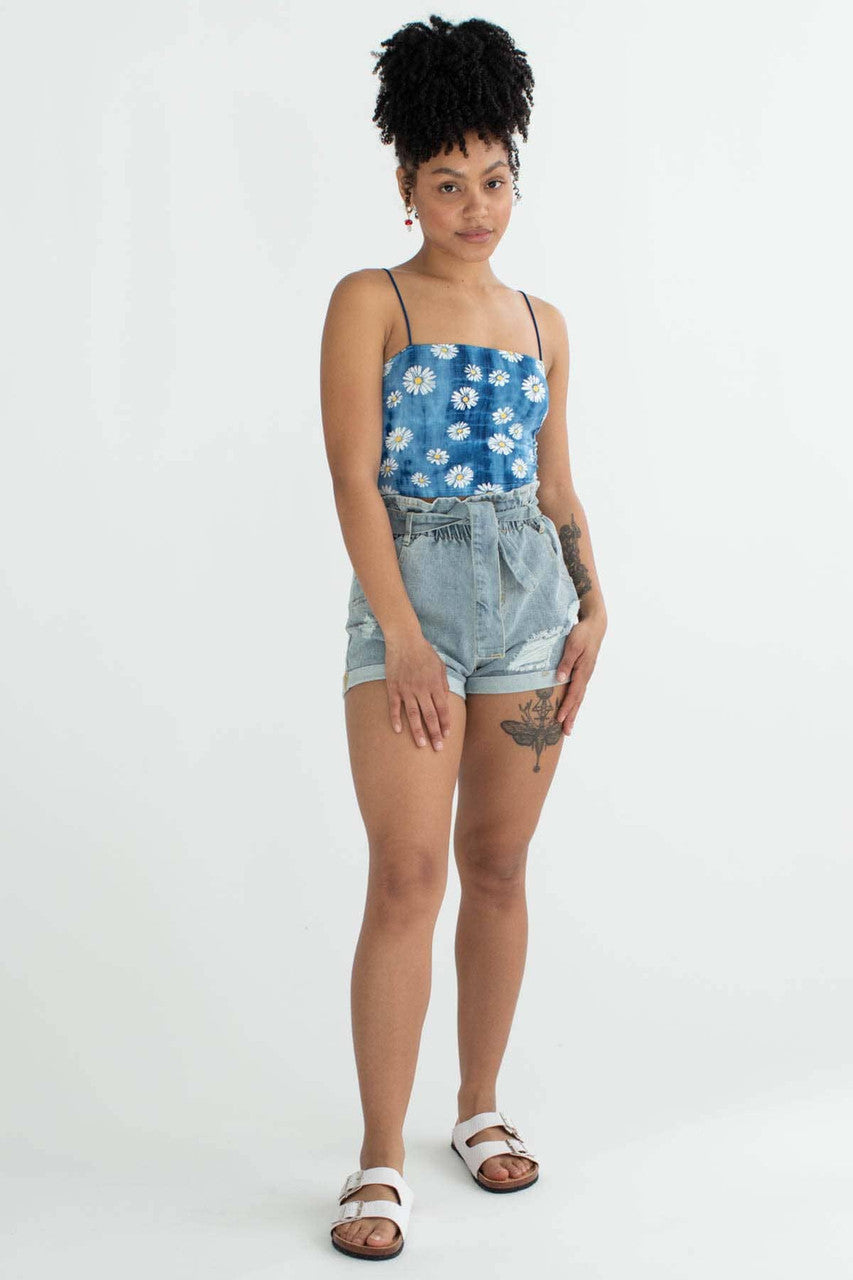 Light Wash Distressed Paper Bag Waist Denim Shorts