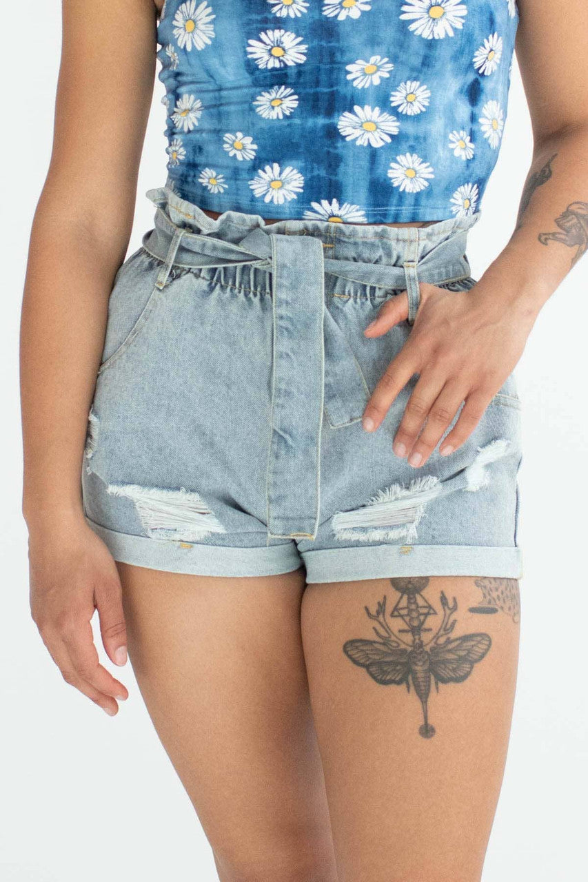 Light Wash Distressed Paper Bag Waist Denim Shorts