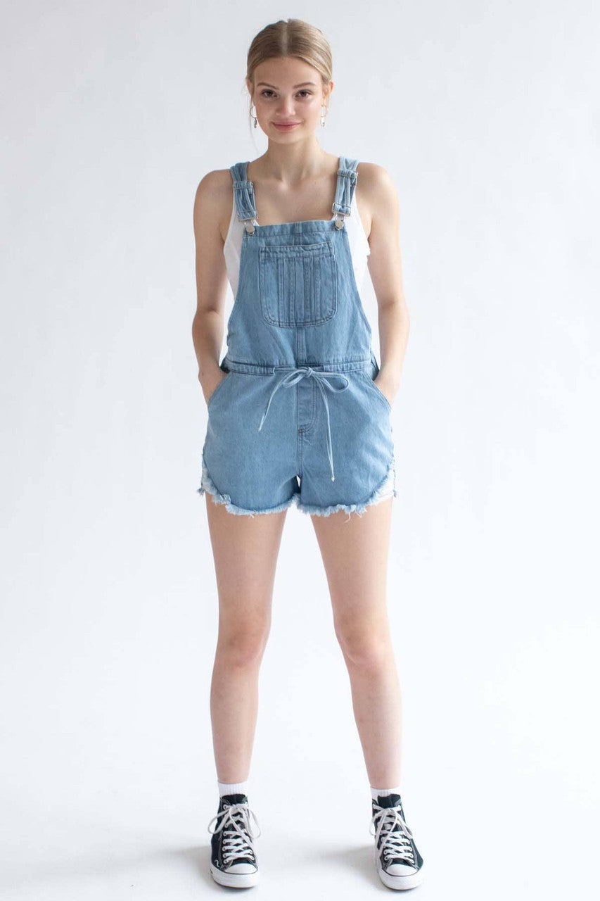 Light Wash Tie Waist Denim Overall Shorts