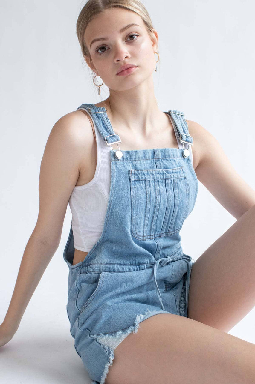 Light Wash Tie Waist Denim Overall Shorts