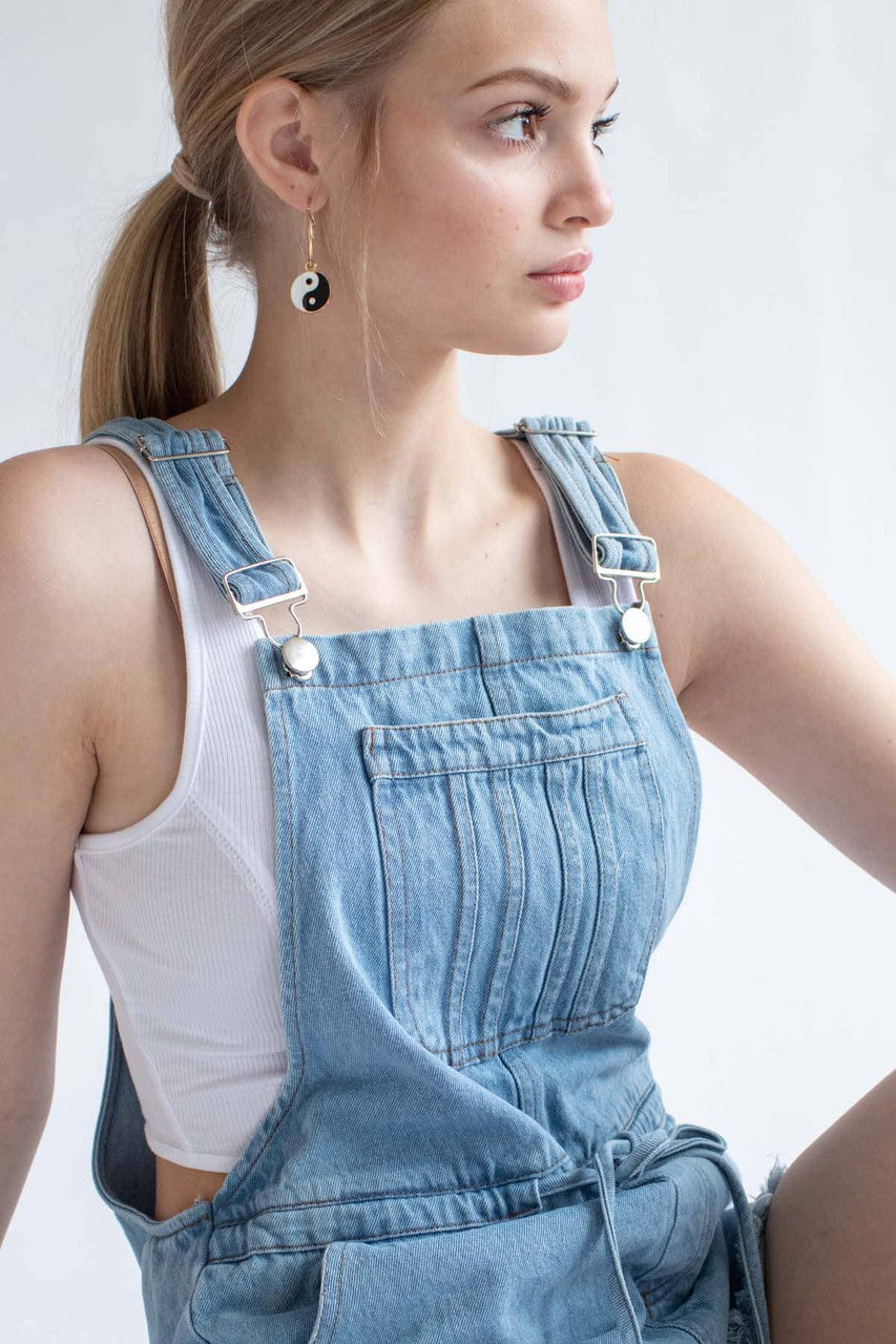 Light Wash Tie Waist Denim Overall Shorts
