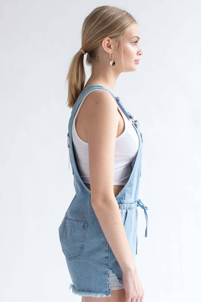 Light Wash Tie Waist Denim Overall Shorts