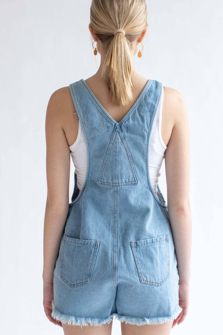 Light Wash Tie Waist Denim Overall Shorts
