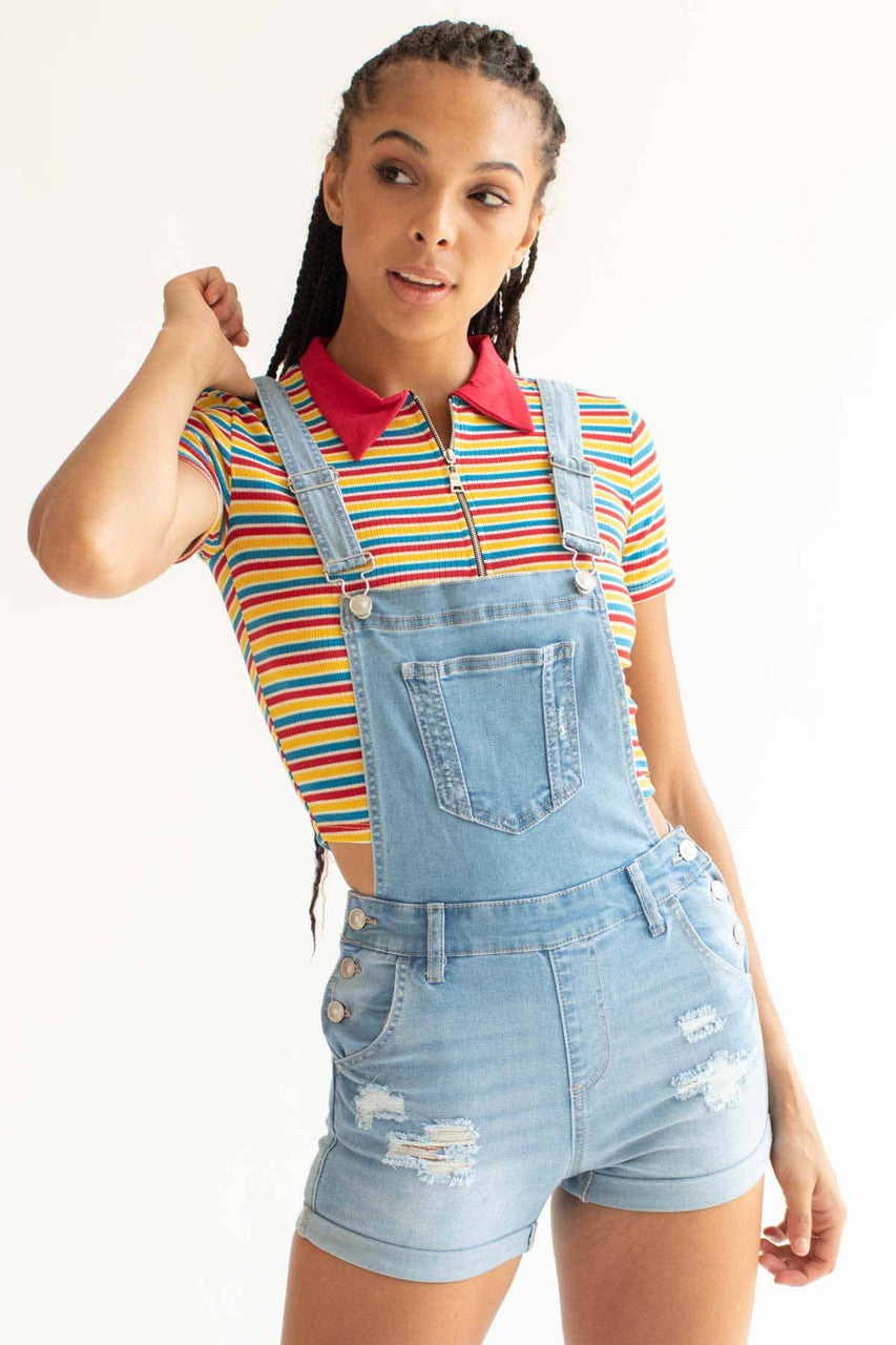 Light Wash Cuffed Distressed Denim Overall Shorts