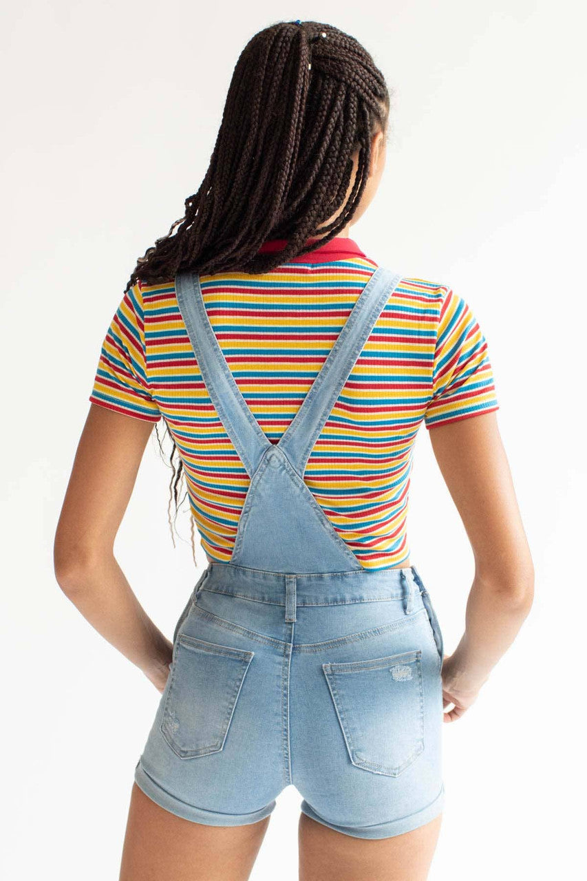 Light Wash Cuffed Distressed Denim Overall Shorts