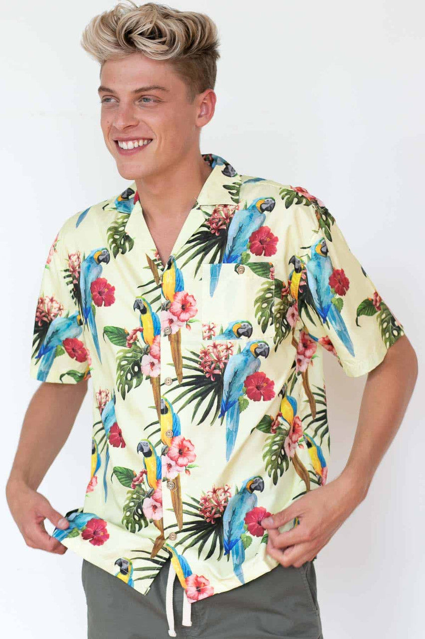 Lime Hibiscus Parrot Hawaiian Shirt