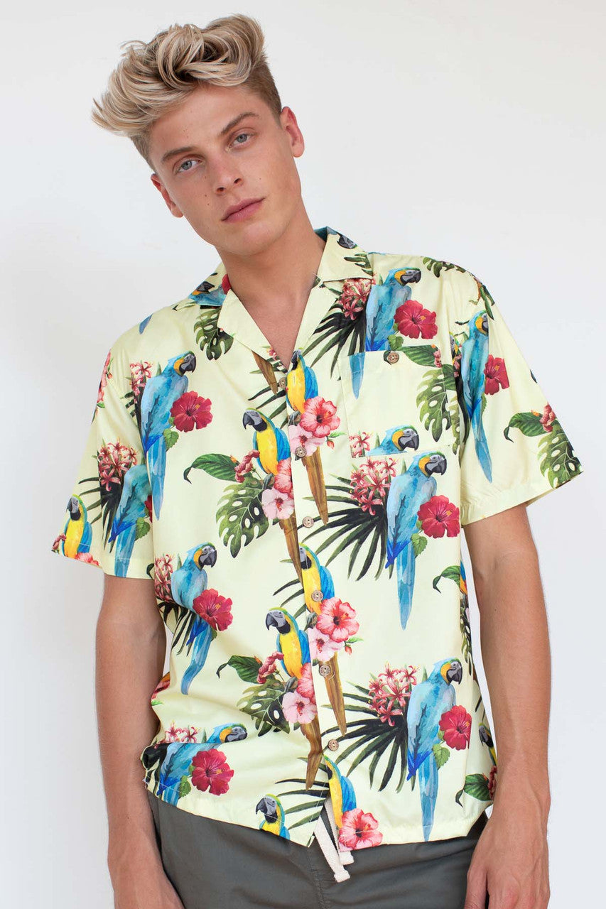 Lime Hibiscus Parrot Hawaiian Shirt