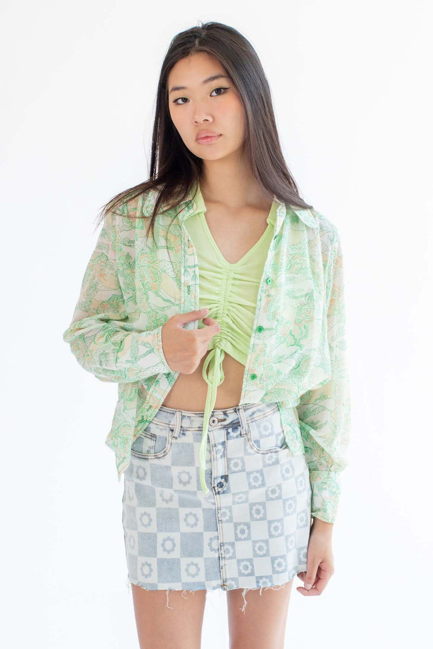 Lime Ruched Front Ribbed Sleeveless Polo