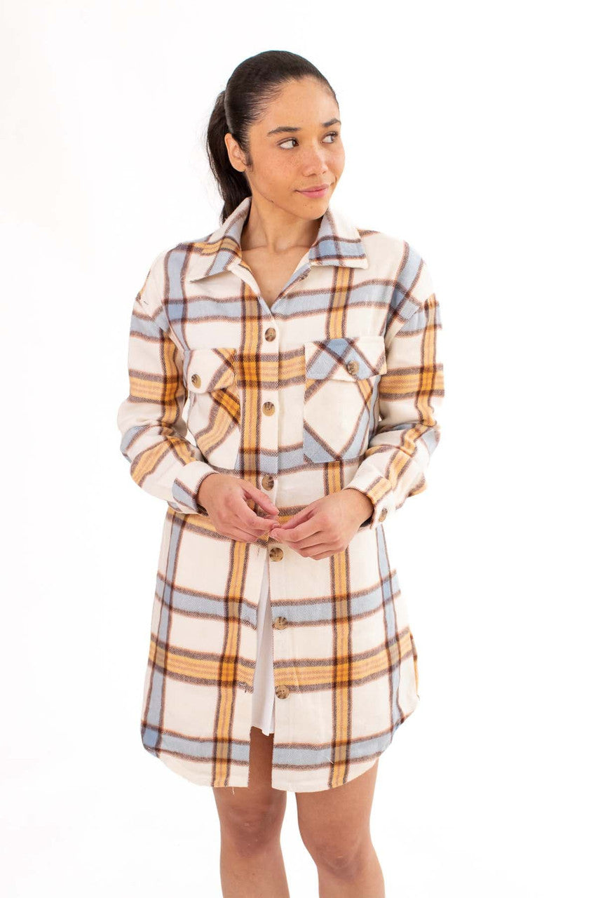 Long Blue Golden Plaid Shacket