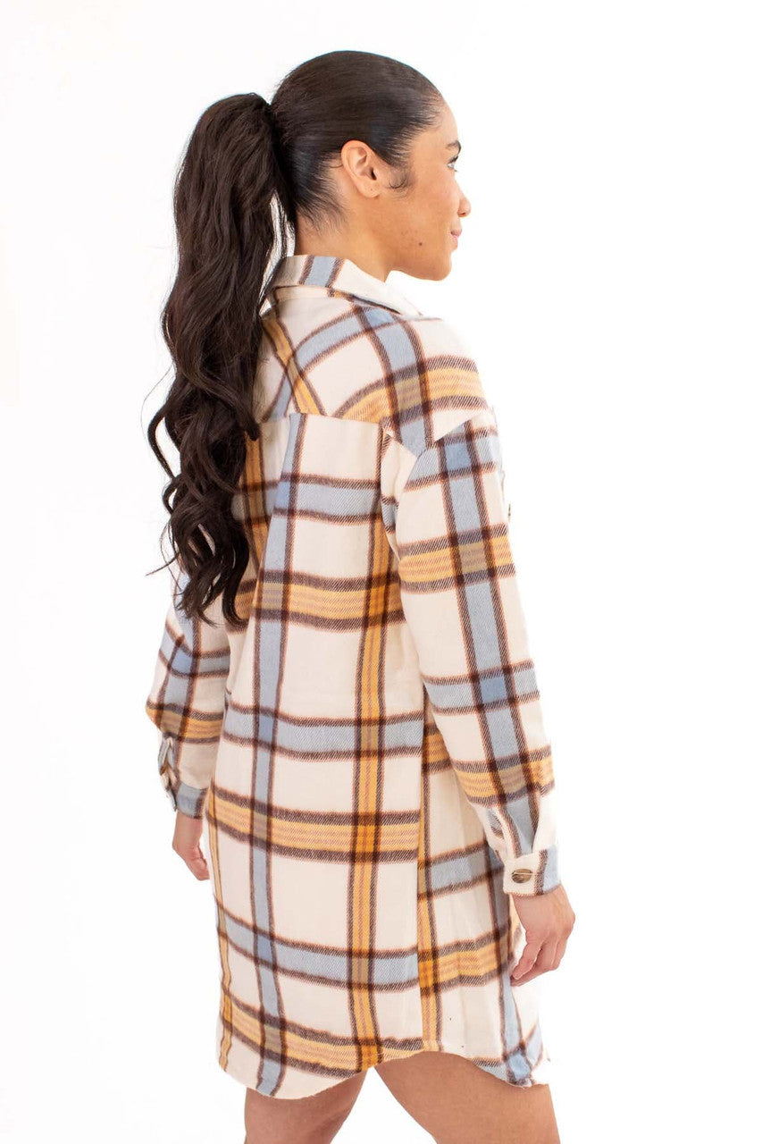 Long Blue Golden Plaid Shacket